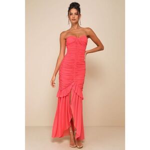 Lulus Unforgettable Beauty Mesh Ruched High-Low Maxi Dress Coral Pink Size S